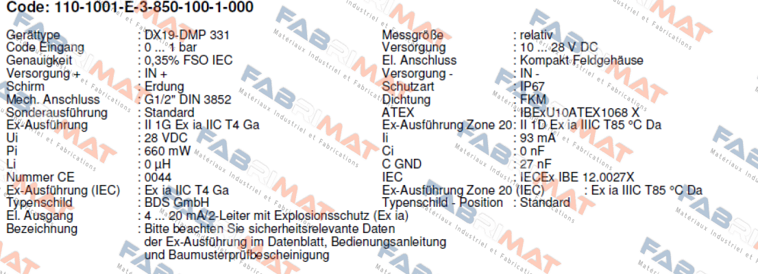DMP 331 Code - 110-1001-E-3-850-100-1-000  Bd Sensors