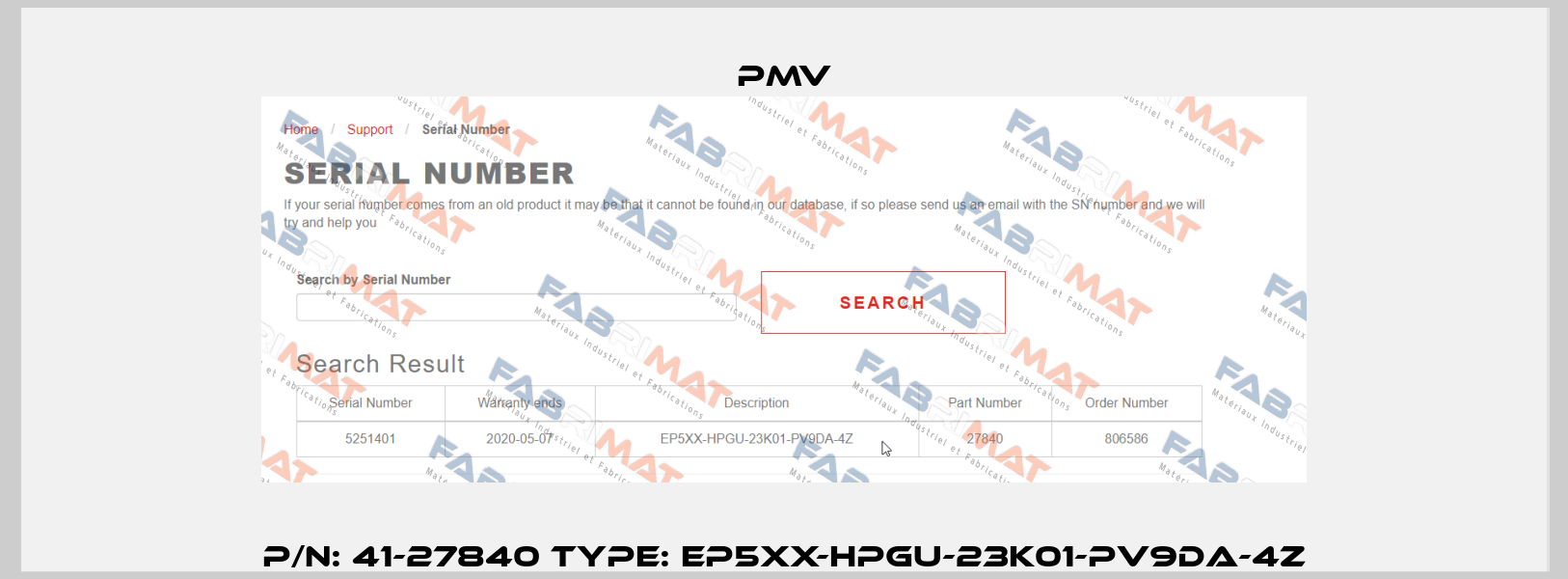 P/N: 41-27840 Type: EP5XX-HPGU-23K01-PV9DA-4Z Pmv