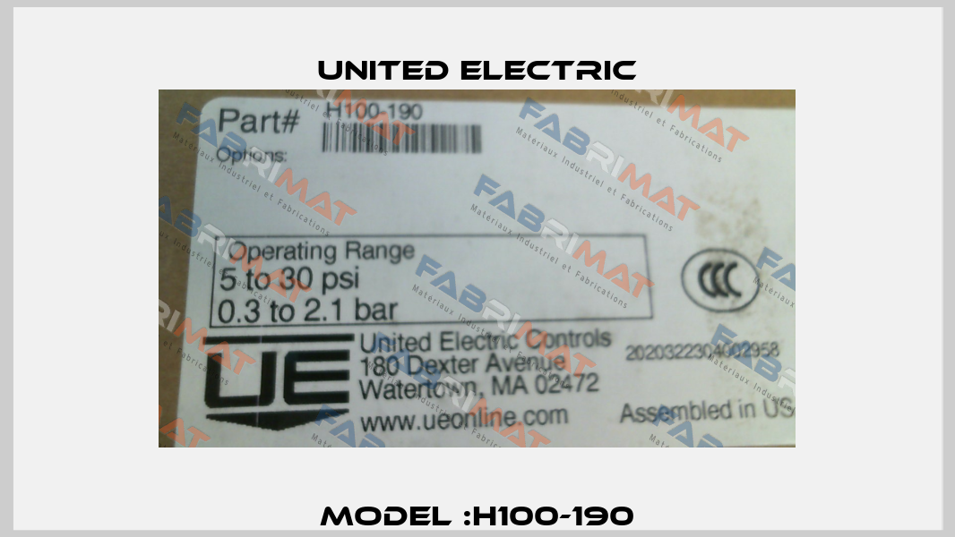 Model :H100-190 United Electric