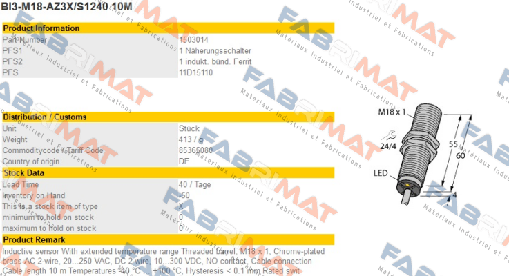 BI3-M18-AZ3X/S1240 10M Turck